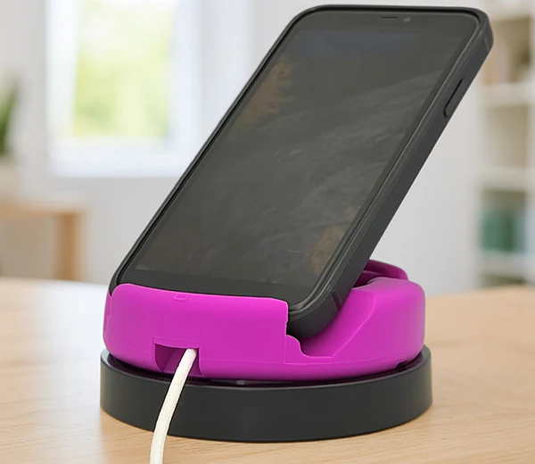 A phone docked in a pink stand on a wooden desk with a charging cable routed through the stand's cable channel